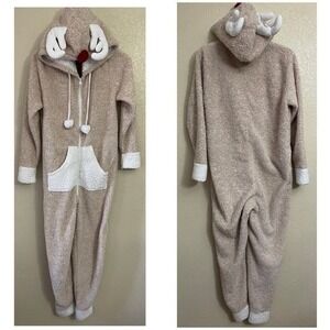 Reindeer Hooded One Piece Full Zip Pajama‎ Sleepwear PJs Women's Small